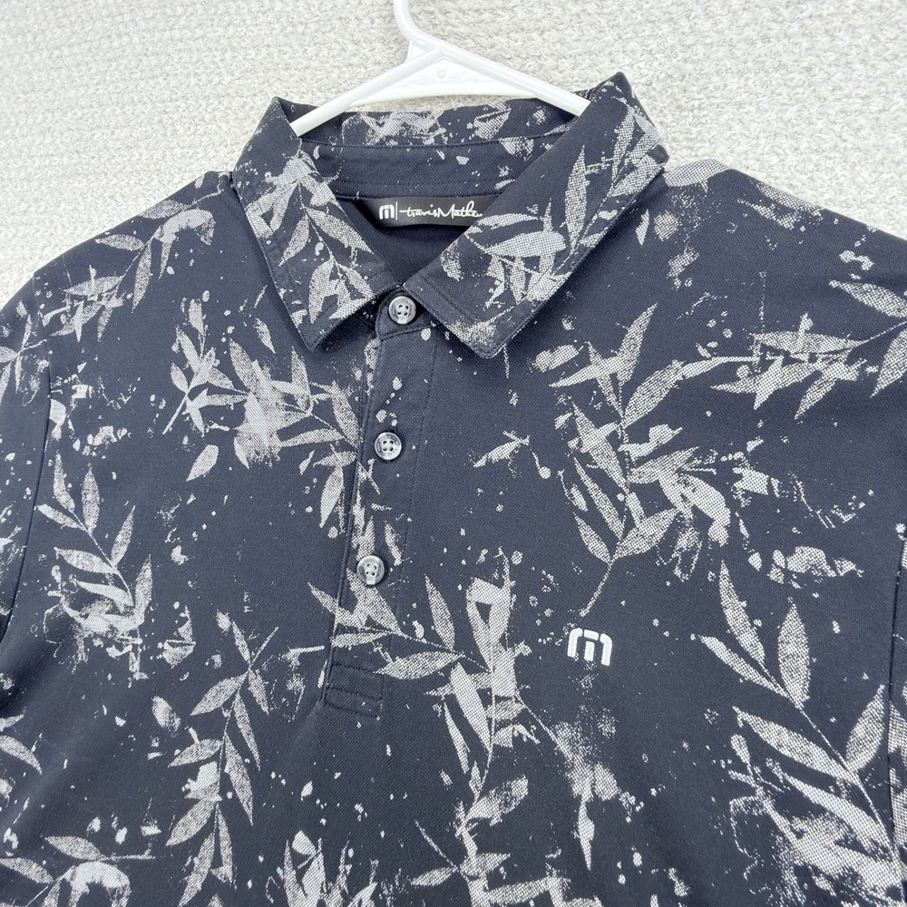 TravisMathew Polo Shirt Mens M Black Gray Floral Pima Cotton Golf Performance